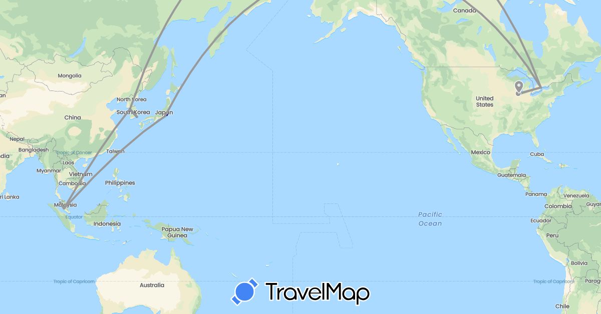 TravelMap itinerary: driving, plane in Canada, Japan, South Korea, Malaysia, United States (Asia, North America)
